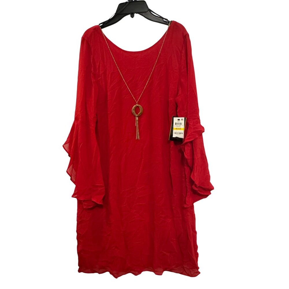 Thalia Sodi Red Dress Women Medium Lipstick Red Ruffle Sleeve Gold Necklace